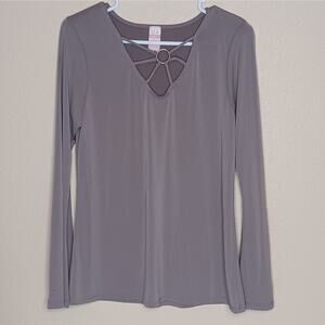 E.L.H. Studio Long Sleeve V Neck Pullover Stretch Knit Top Womens Medium Brown